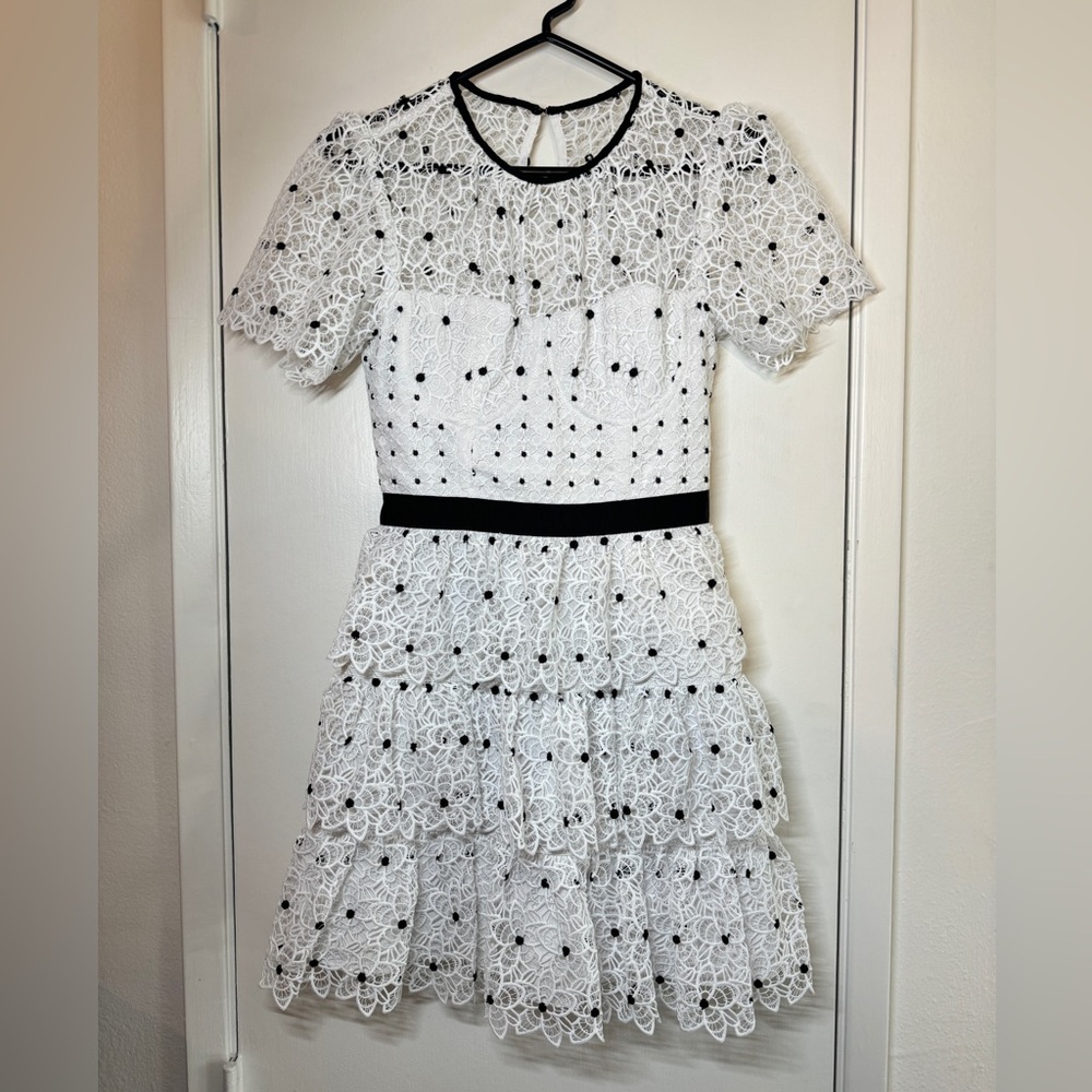 White Black Corset Hibiscus Floral Lace Guipure Tiered Mini Dress Size Small